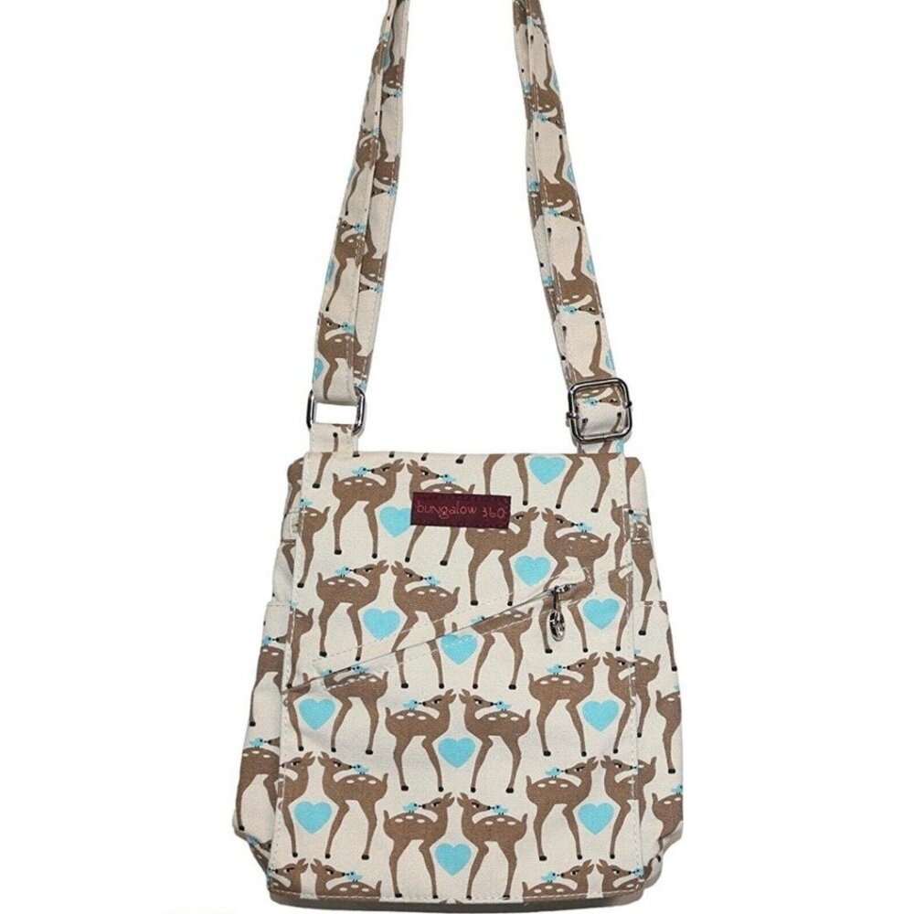 Bungalow 360 Deer & Heart Small Messenger Canvas Crossbody Bag With Peace Zipper
